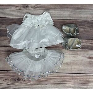 Build a‎ Bear Pink White Silver Sequin Shirt, Skirt Shoes Clothes Outfit BAB